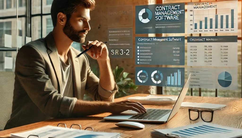 يستخدم الرجل برنامج إدارة العقود للمنظمات غير الربحية.