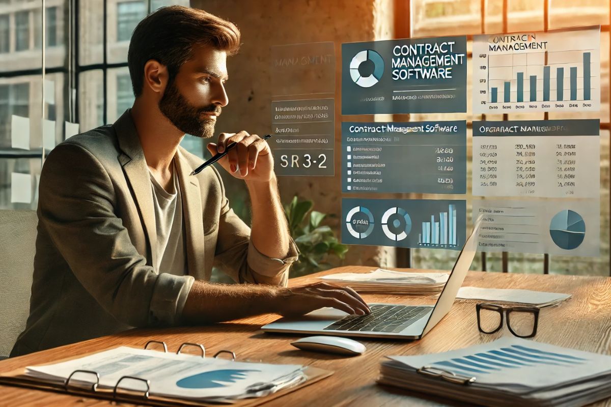 L'uomo utilizza un software di gestione dei contratti per le organizzazioni non profit.