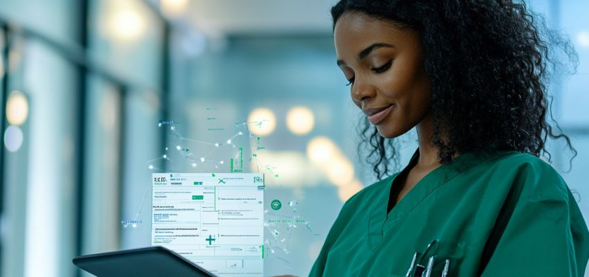 El personal sanitario está contento mientras asegura la información de los pacientes.