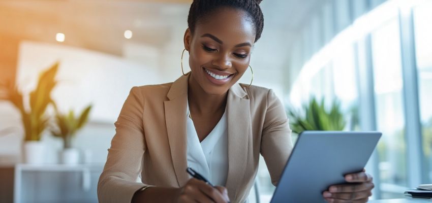 La mujer se alegra de contar con las ventajas de un software de firma electrónica que cumple la HIPAA. Redefine la eficiencia y mejora la experiencia del paciente.