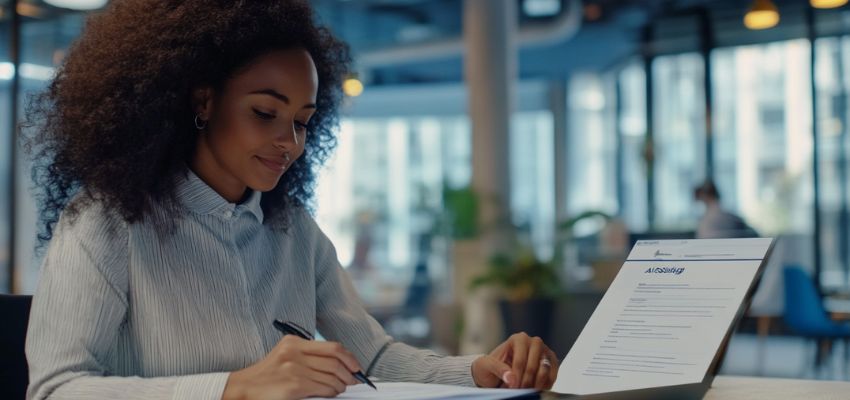 المرأة سعيدة بعد التوقيع على الوثيقة الرقمية.