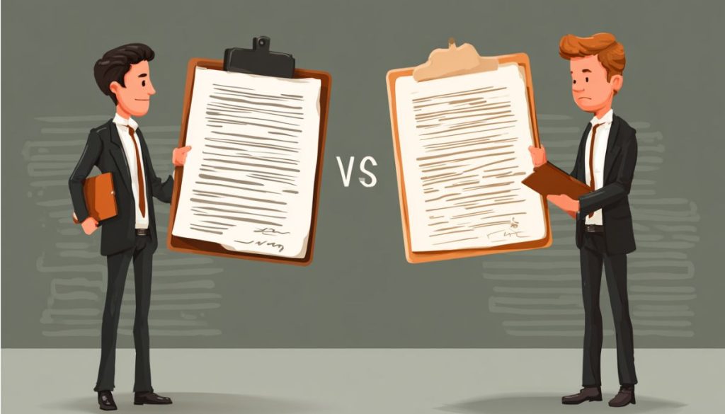 Illustration of two businessmen holding documents in comparison, representing the difference between contract and agreement.