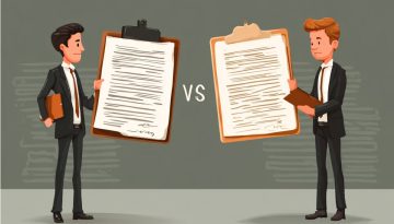 Illustration of two businessmen holding documents in comparison, representing the difference between contract and agreement.