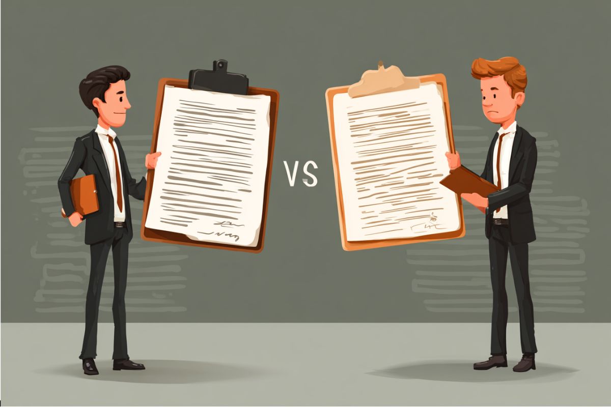 Ilustración de dos hombres de negocios comparando documentos, que representa la diferencia entre contrato y acuerdo.