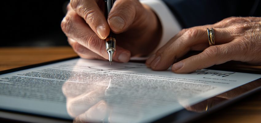صورة مقربة ليد توقع عقدًا رقميًا رقميًا يظهر فيها معنى التوقيع على النحو الواجب عمليًا