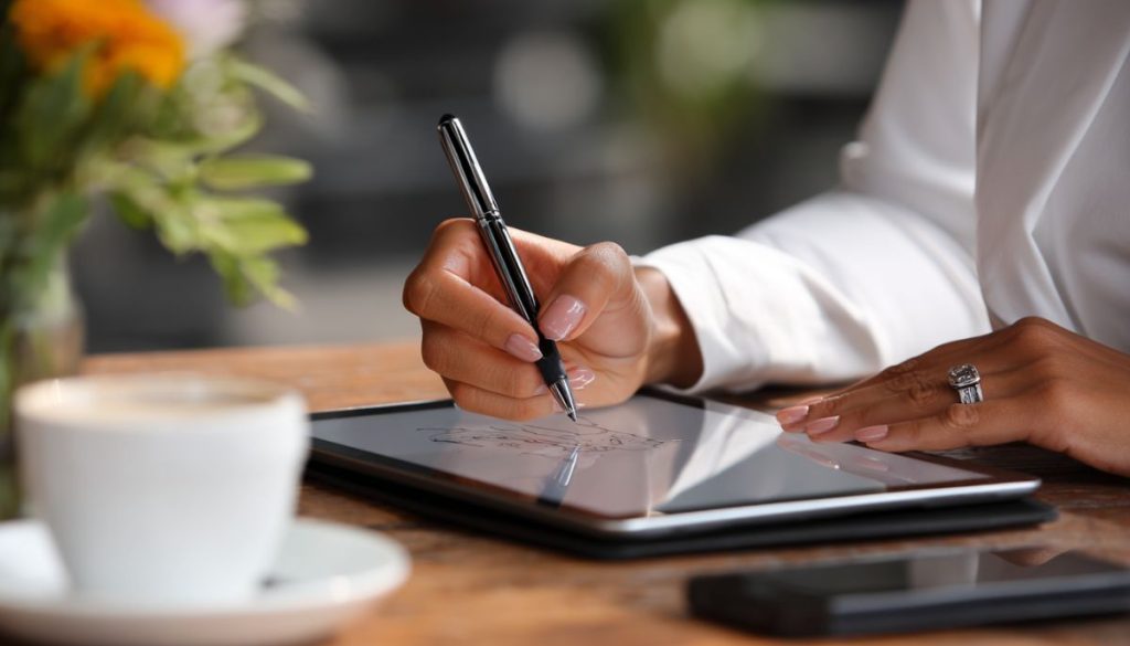 Primer plano de una persona firmando electrónicamente un documento en una tableta mediante soluciones de contratos sin papel.