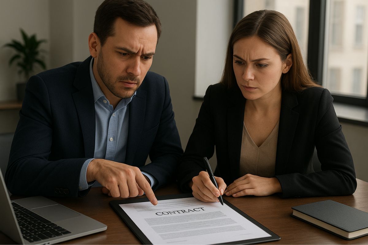 Dos empleados preparan los contratos.