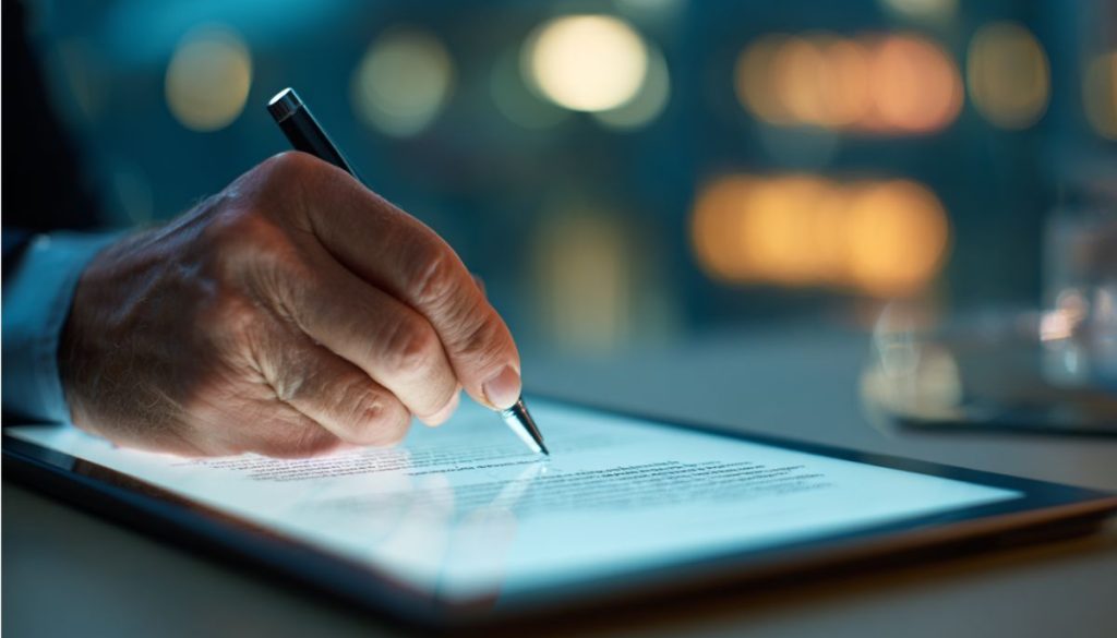 The businessman reviews the contract before signing.