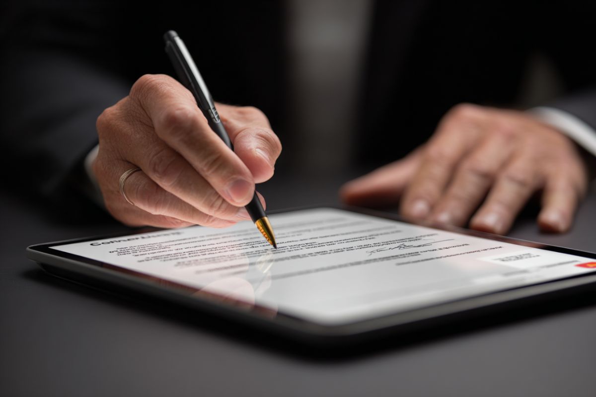 Primer plano de un empresario ultimando un contrato en línea mediante una herramienta avanzada de contratos