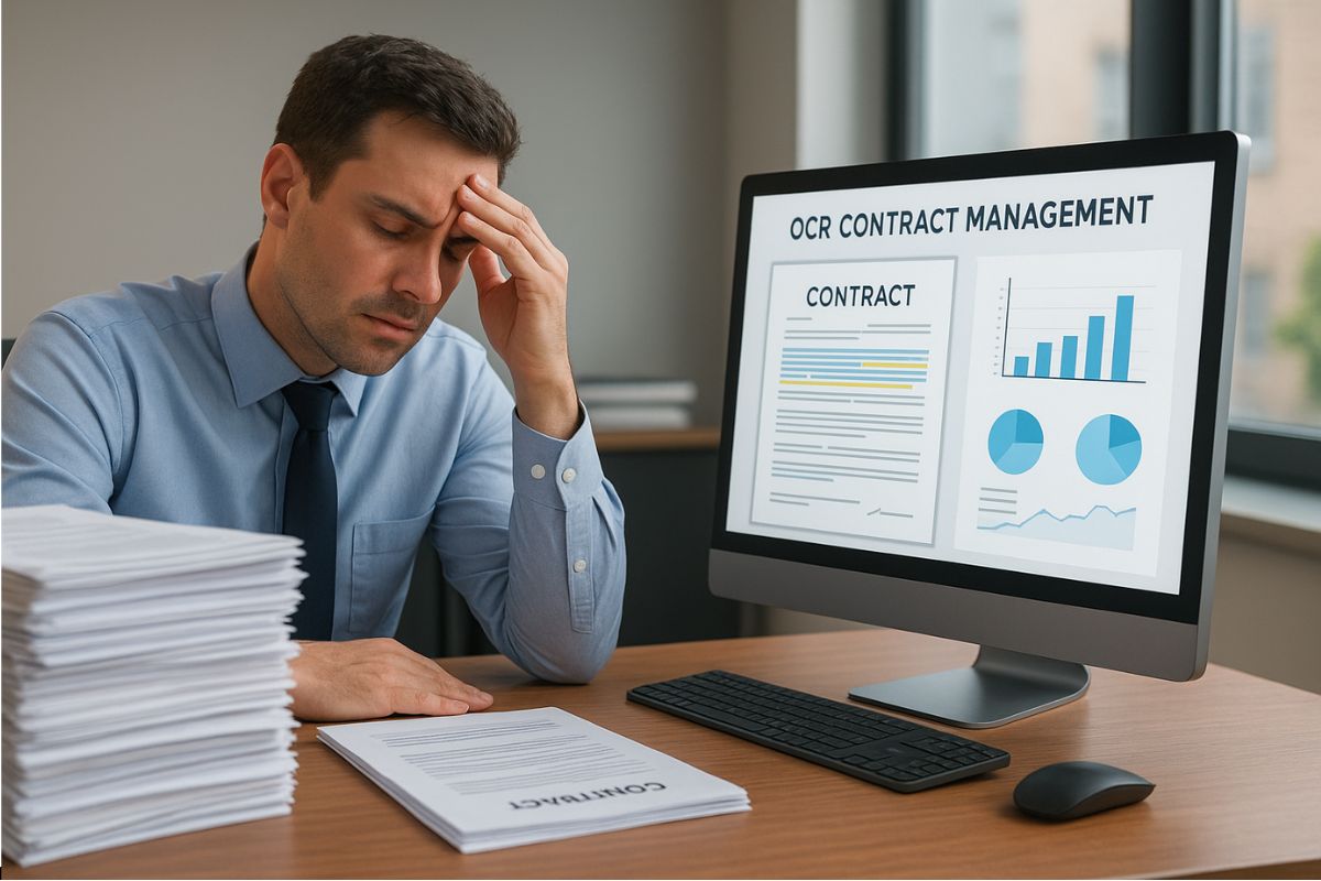 Empleado abrumado por las tareas de gestión de contratos OCR, revisando datos contractuales en papel y digitales.