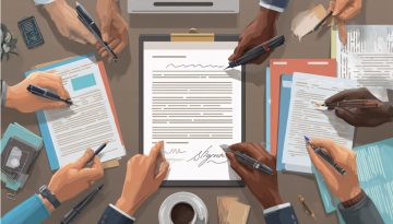 Gruppo di persone in uno spazio di lavoro che firmano un documento ufficiale - illustra il significato dei firmatari in contesti legali e commerciali.