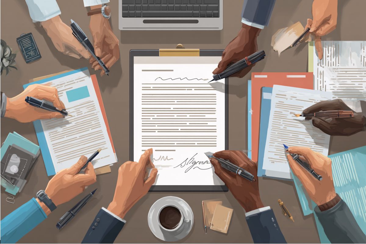 Grupo de personas en un espacio de trabajo firmando un documento oficial: ilustra el significado de los firmantes en contextos jurídicos y empresariales.
