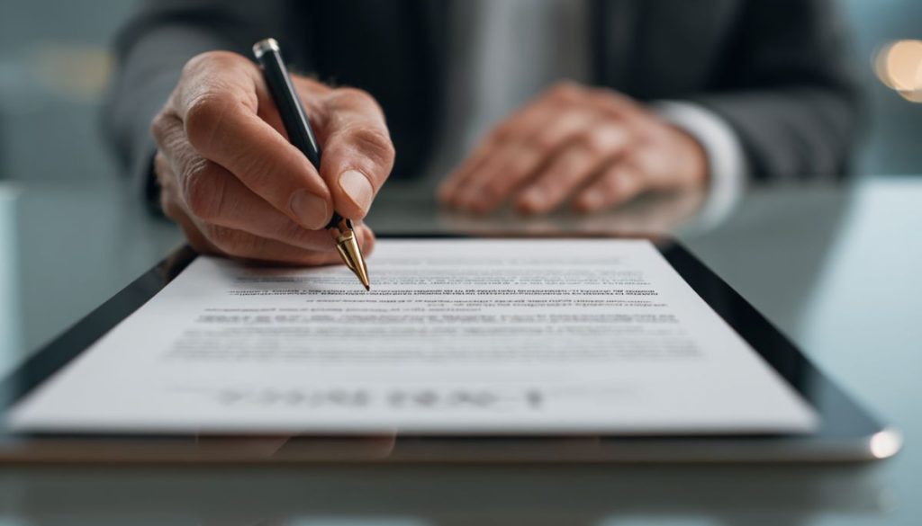 Profesional de los negocios firmando un contrato válido mostrado en una tableta digital en un entorno de oficina.