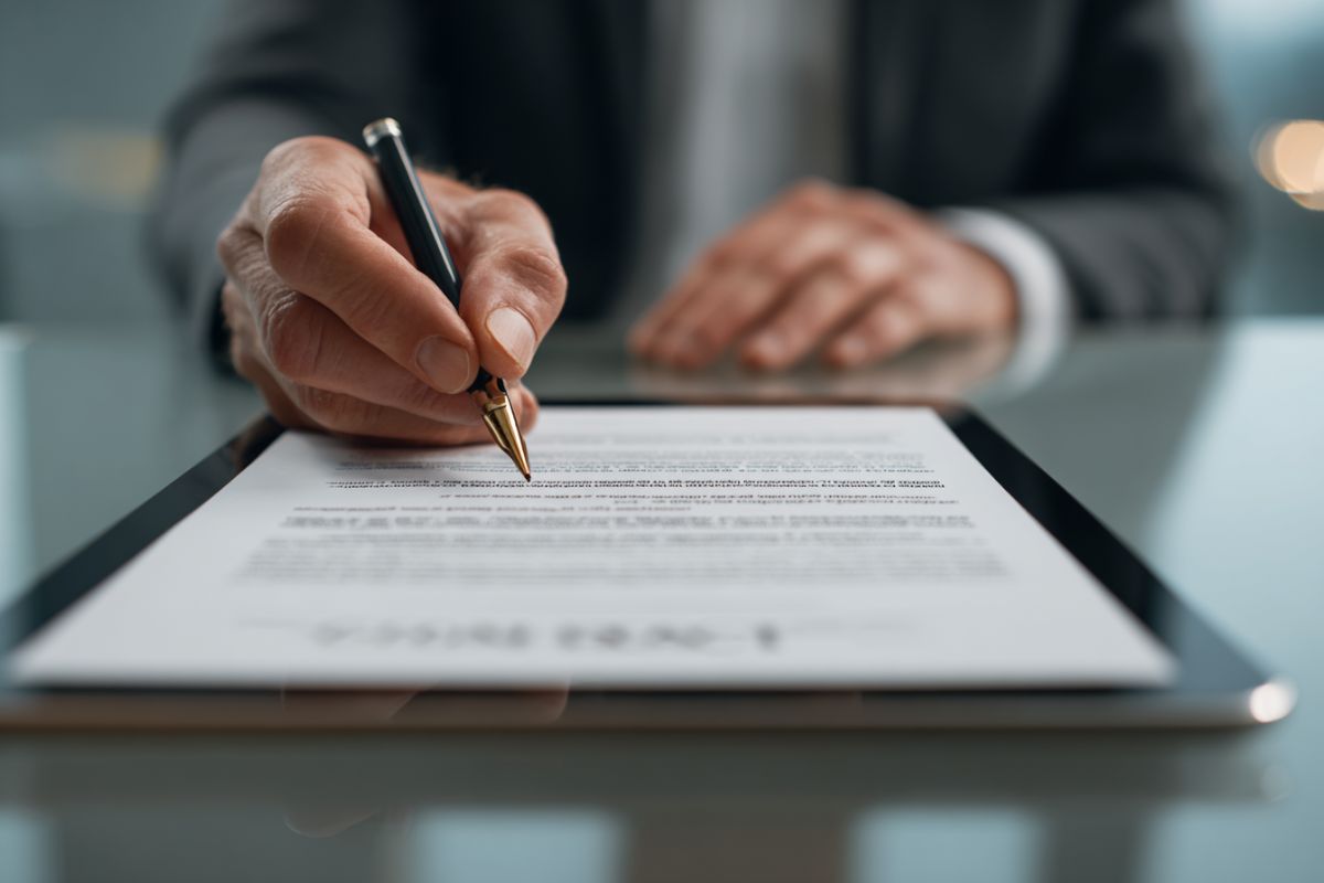 Profesional de los negocios firmando un contrato válido mostrado en una tableta digital en un entorno de oficina.