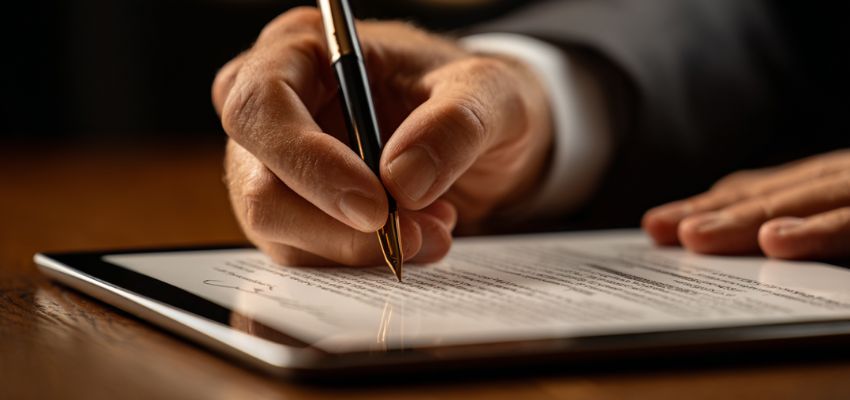 Close-up of a person signing a valid contract document on a tablet using a fountain pen.