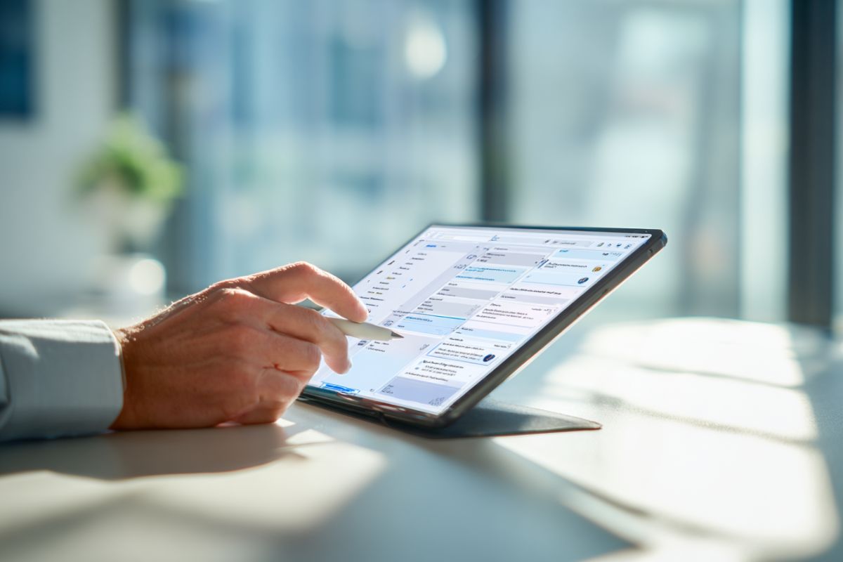 Hombre utilizando una tableta para gestionar tareas de flujo de trabajo, mostrando cómo el software de automatización de contratos agiliza los procesos documentales.