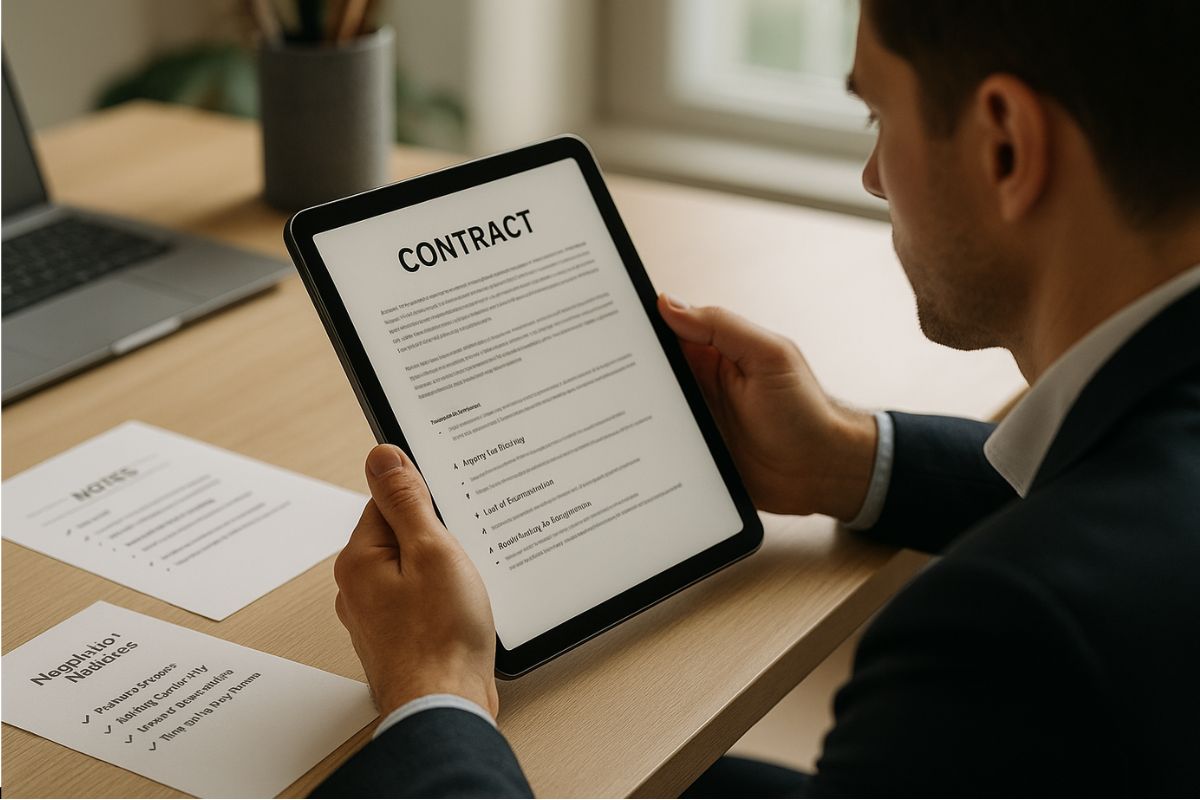Hombre revisando un contrato digital en una tableta durante un proceso de negociación contractual.