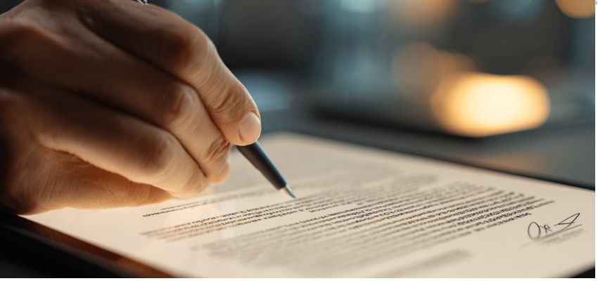 Close-up of a person signing a digital document on a tablet, symbolizing contract termination procedures.