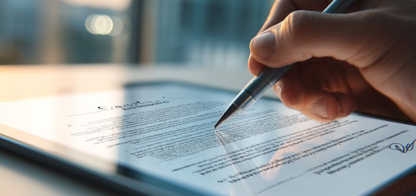 Hand signing an electronic agreement on a tablet, illustrating digital contract termination steps.