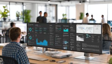 Ein Mann arbeitet in einem Büro und überprüft Vertragsdaten auf seinem Computer, wobei er sich auf Aufgaben des Vertragsrisikomanagements konzentriert.