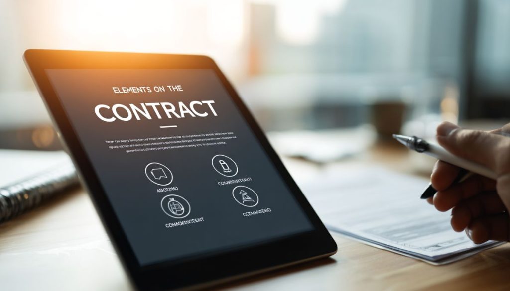 Tablet on desk displaying a clear infographic titled 'Elements on the Contract' with icons for offer, acceptance, consideration, and legality – perfect for explaining the core elements of contract