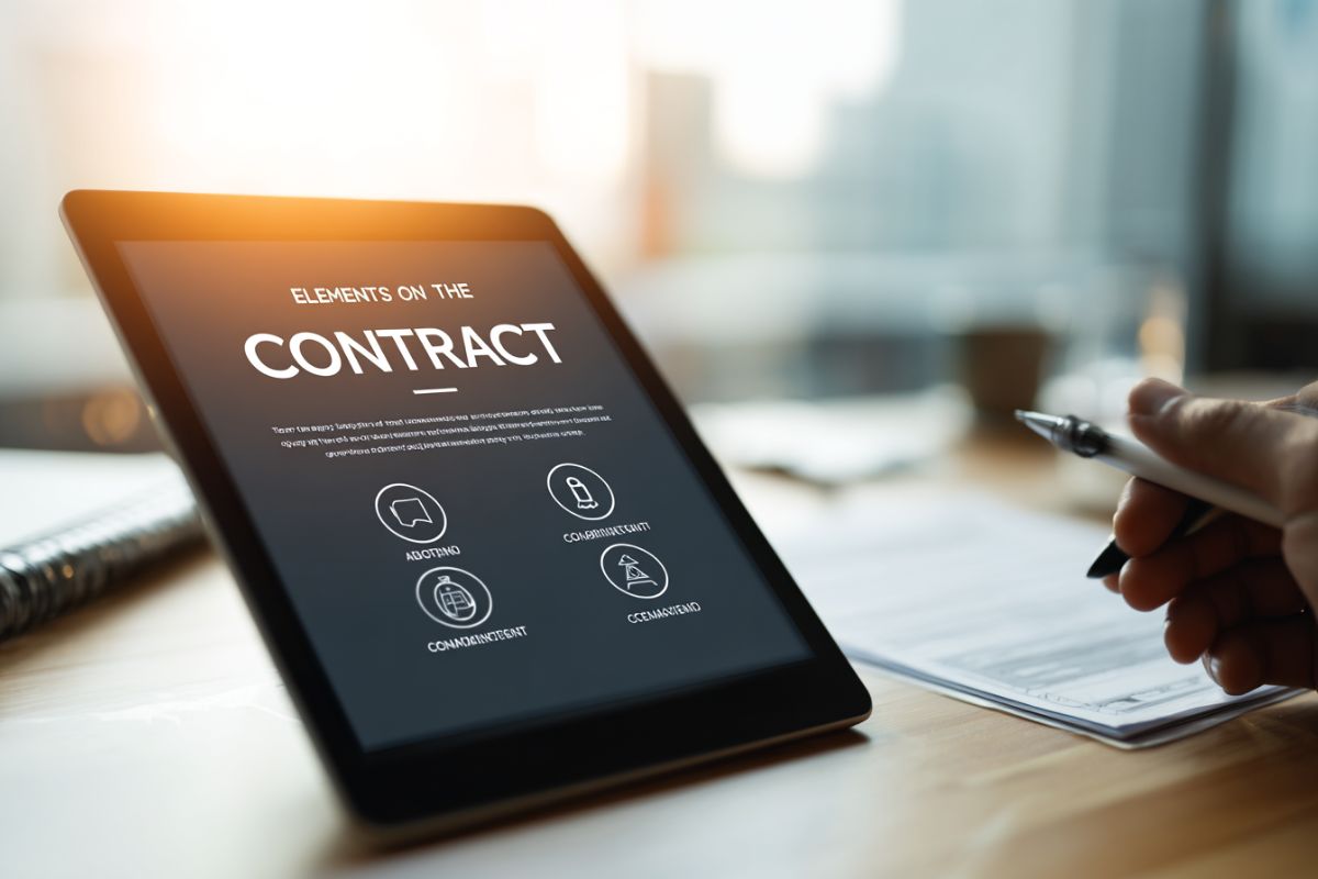 Tableta sobre el escritorio con una infografía clara titulada 'Elementos del contrato' con iconos de oferta, aceptación, contraprestación y legalidad, perfecta para explicar los elementos básicos del contrato.