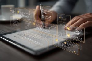 A man reviewing a digital contract with verification icons, illustrating clm meaning and automated contract workflows.