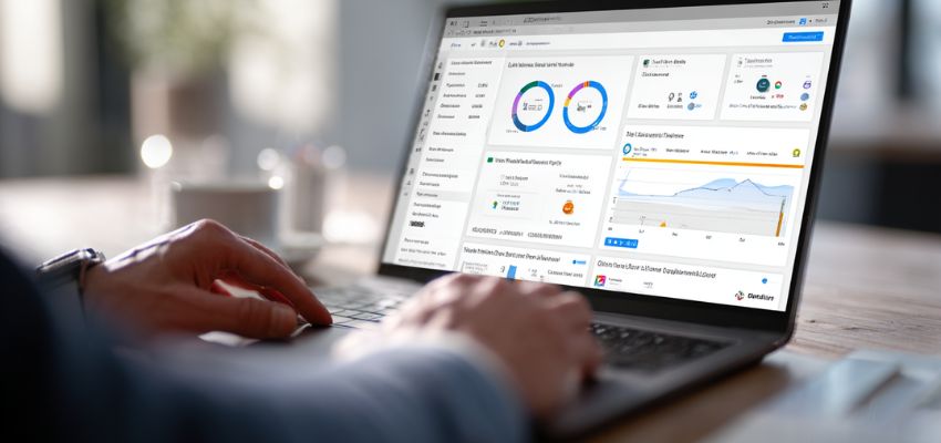 Business user analyzing dashboard charts related to contract data, representing clm meaning in contract lifecycle management.