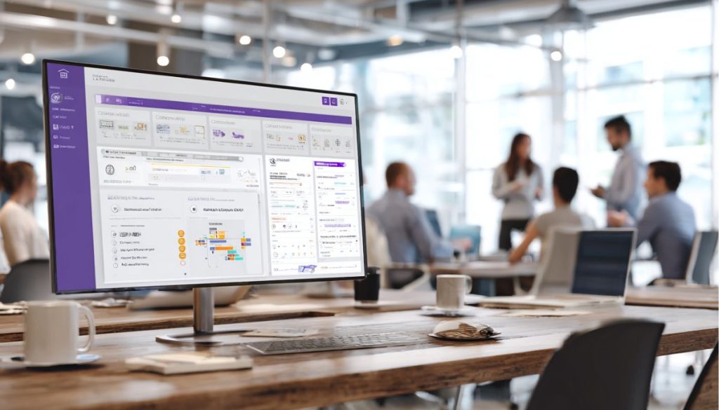 Monitor de pantalla ancha en un espacio de trabajo contemporáneo que muestra un completo panel con listas de tareas, calendarios y secciones de contratos, que representa un intuitivo software de colaboración en contratos utilizado por un equipo muy ocupado.