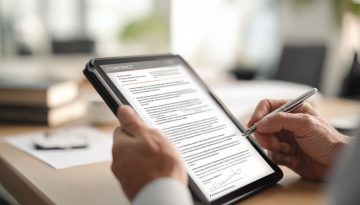Ein Geschäftsmann hält ein Tablet in der Hand und verwendet einen Stift, um eine elektronische Unterschrift am unteren Ende eines digitalen Vertrags hinzuzufügen und damit die Vertragszusammenfassung und den Genehmigungsprozess abzuschließen.