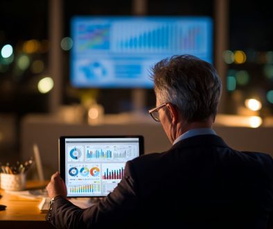 Senior businessman in a dark office intently studying financial graphs and KPI dashboards on a tablet late at night, highlighting ongoing struggles caused by poor asset management and inefficient resource allocation.