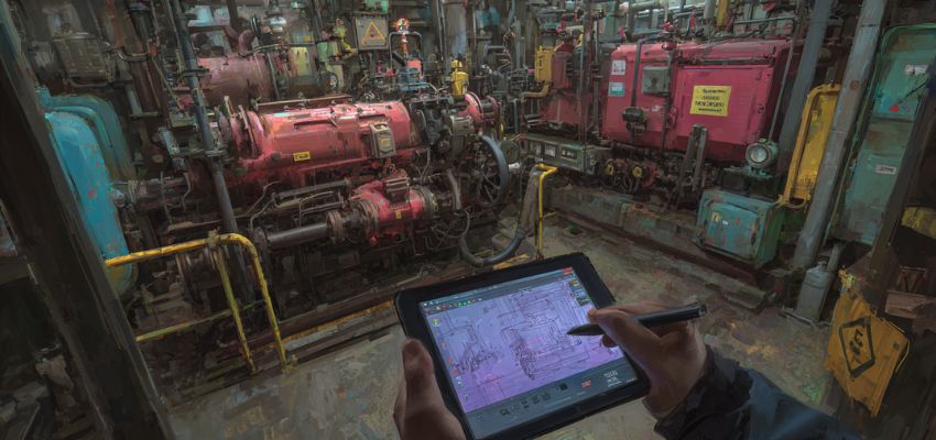 Maintenance worker holding a tablet displaying schematics while standing amid outdated, cluttered, and poorly organized heavy machinery and piping, illustrating the consequences of poor asset management in industrial facilities.