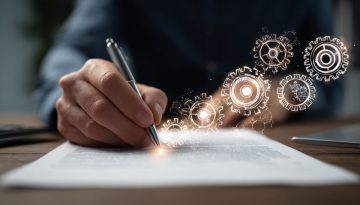 Nahaufnahme einer Hand, die ein Dokument mit digitalen Zahnrädern unterschreibt, als Symbol für die Verwaltung von Verträgen und die Optimierung von Arbeitsabläufen.