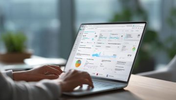 Hands typing on laptop showing detailed KPI dashboards, timelines, and analytics, illustrating key contract management software benefits such as improved tracking and performance visibility.