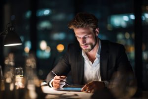 The businessman reviews the contract before signing it.