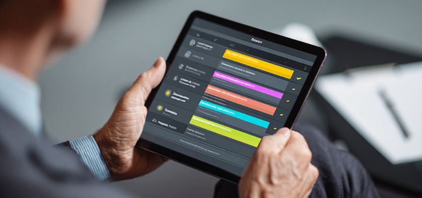 A person reviews the details of a contract addendum displayed on a tablet screen with colorful sections.