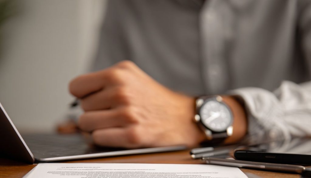 Close-up of professional reviewing paperwork showing types of contract